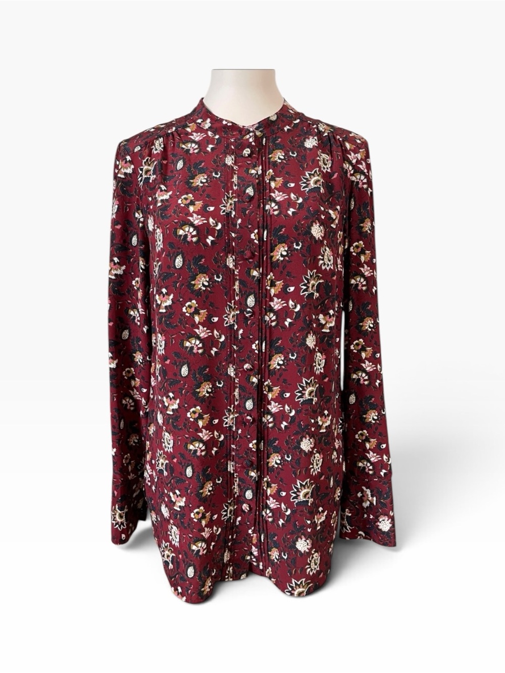 VERONICA BEARD ✘ Burgundy Floral 100% Silk Pintuck Tunic Blouse Top Size 4